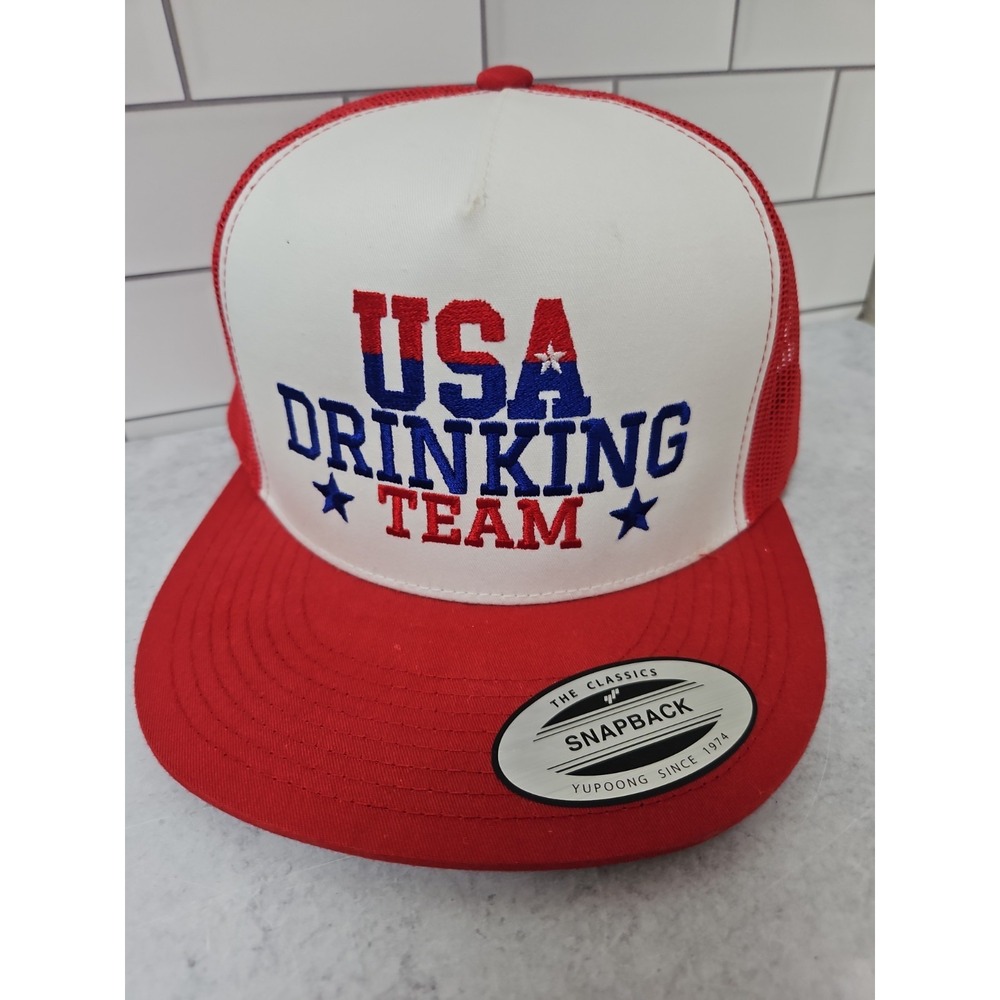 Vintage USA Drinking Team White Trucker Snapback Mesh Hat Cap Adult Adjustable